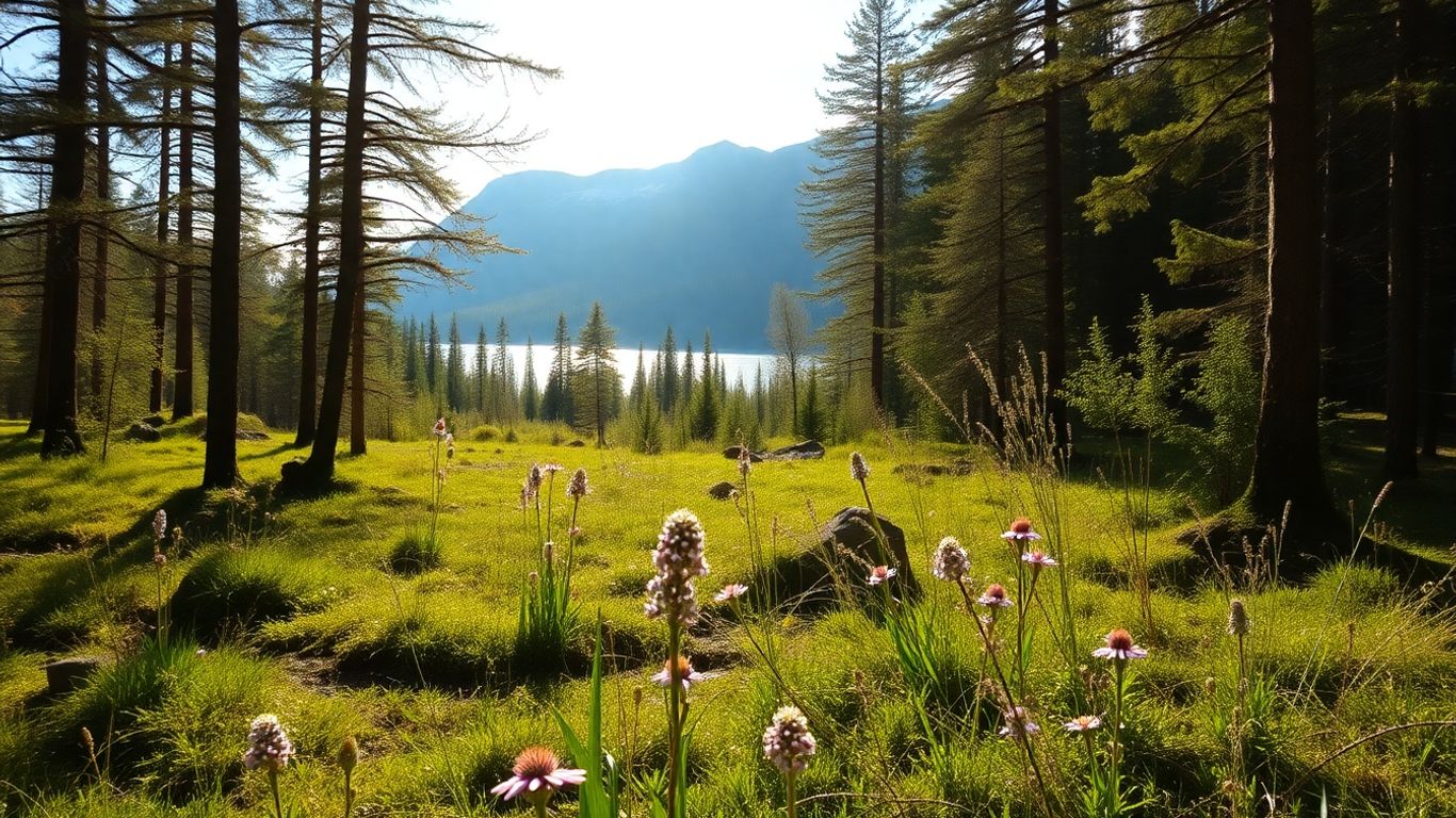 Nordische Natur mit Blumen und Bergen