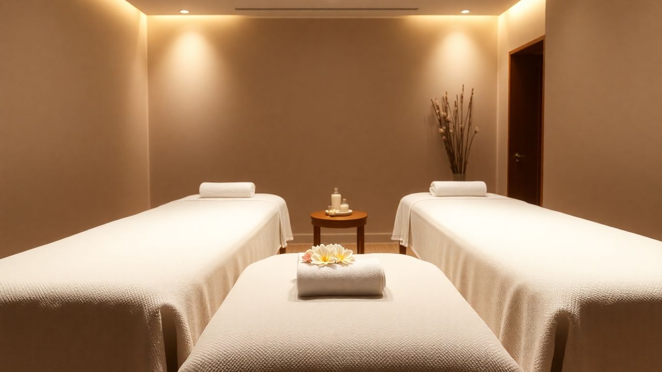 Luxurious spa room with massage beds and floral decor.