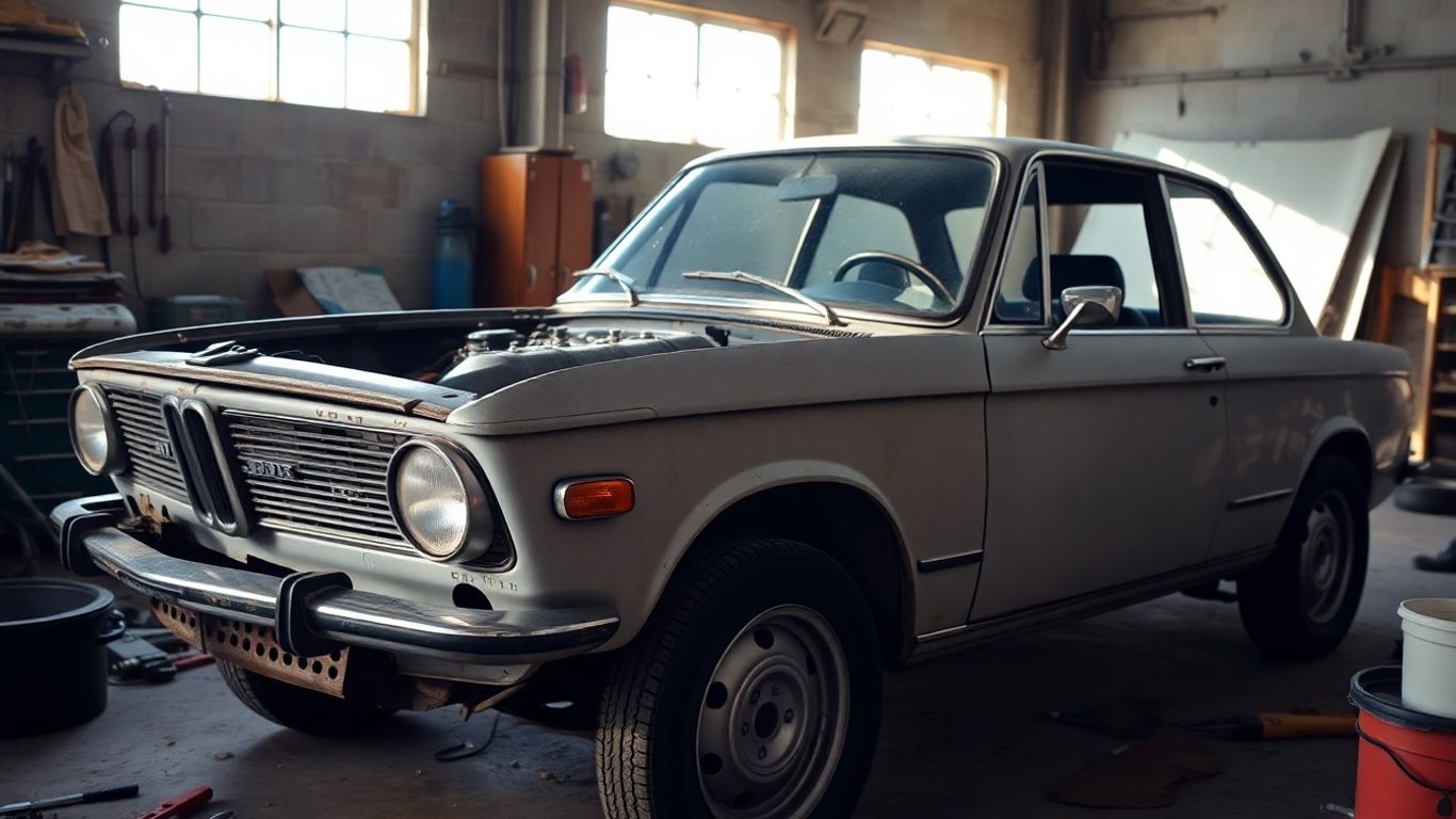 Mechanic working on a classic BMW car engine.