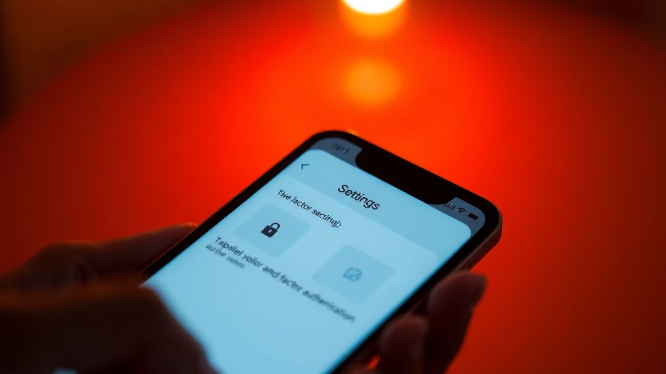 Mão segurando celular com configuração de segurança ativa.