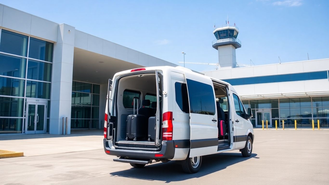 Minibus waiting outside airport terminal for passengers.