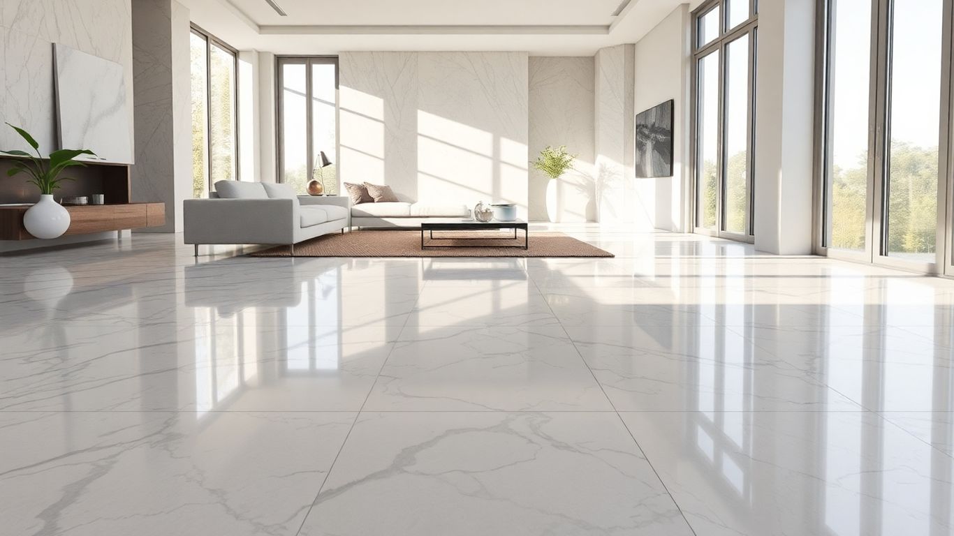 Polished 24x24 marble floor tiles in a modern room.