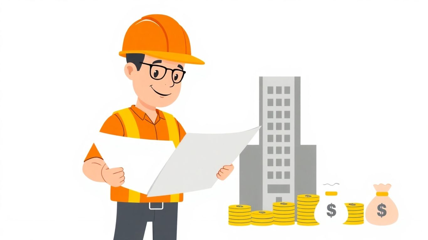 Construction worker with money and building.