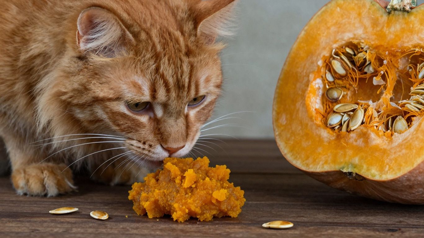 Cat looking at pumpkin puree and seeds.
