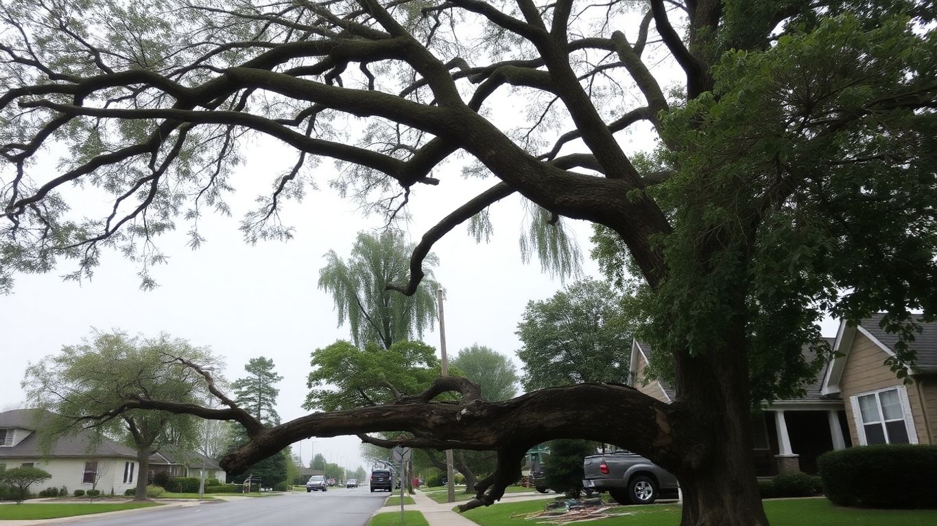 Broken tree branch over street after storm.