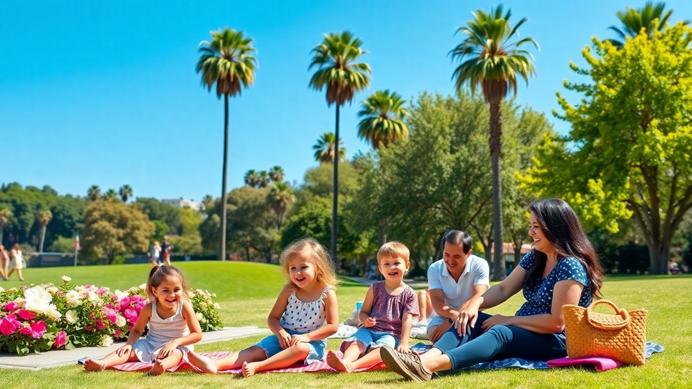 Families enjoying a sunny spring day in a Los Angeles park.
