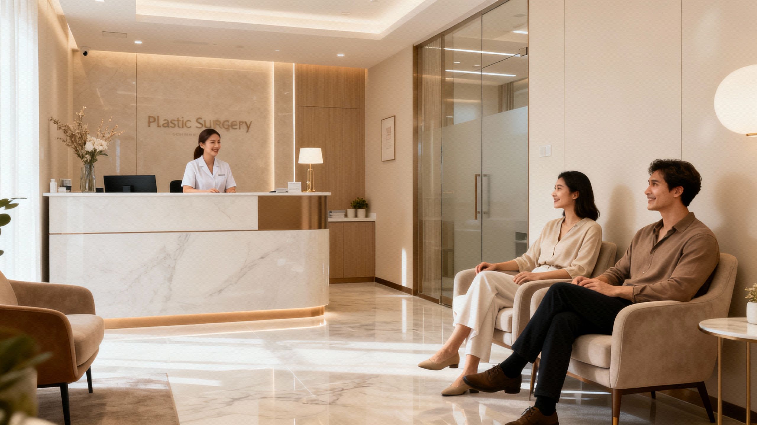 Plastic surgery clinic waiting area with receptionist and patients.