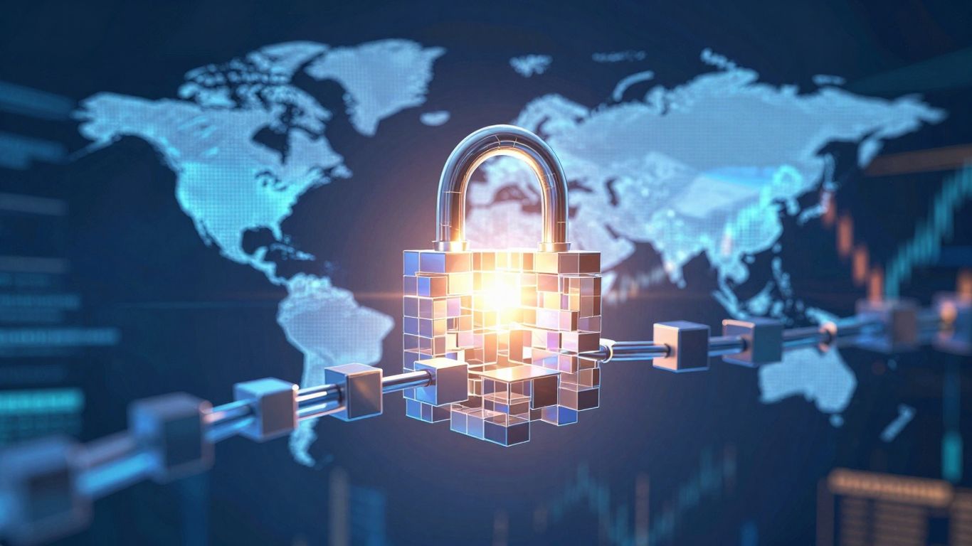 Abstract blockchain network connecting global economic elements.