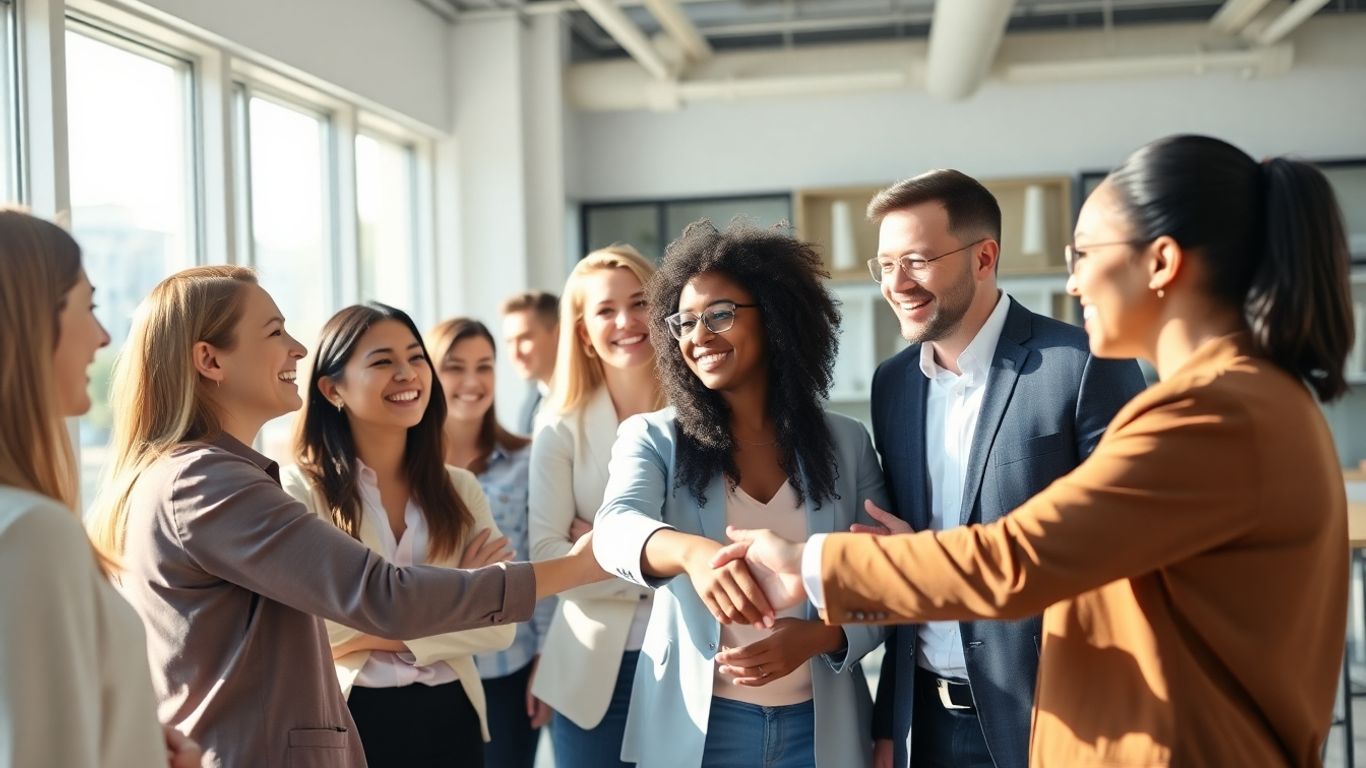 Professionals networking and shaking hands in an office.