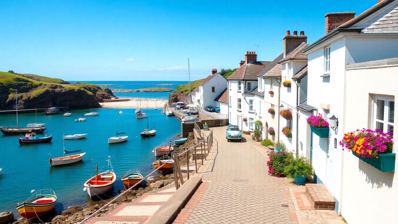 Cornwall coastal village with boats and beach