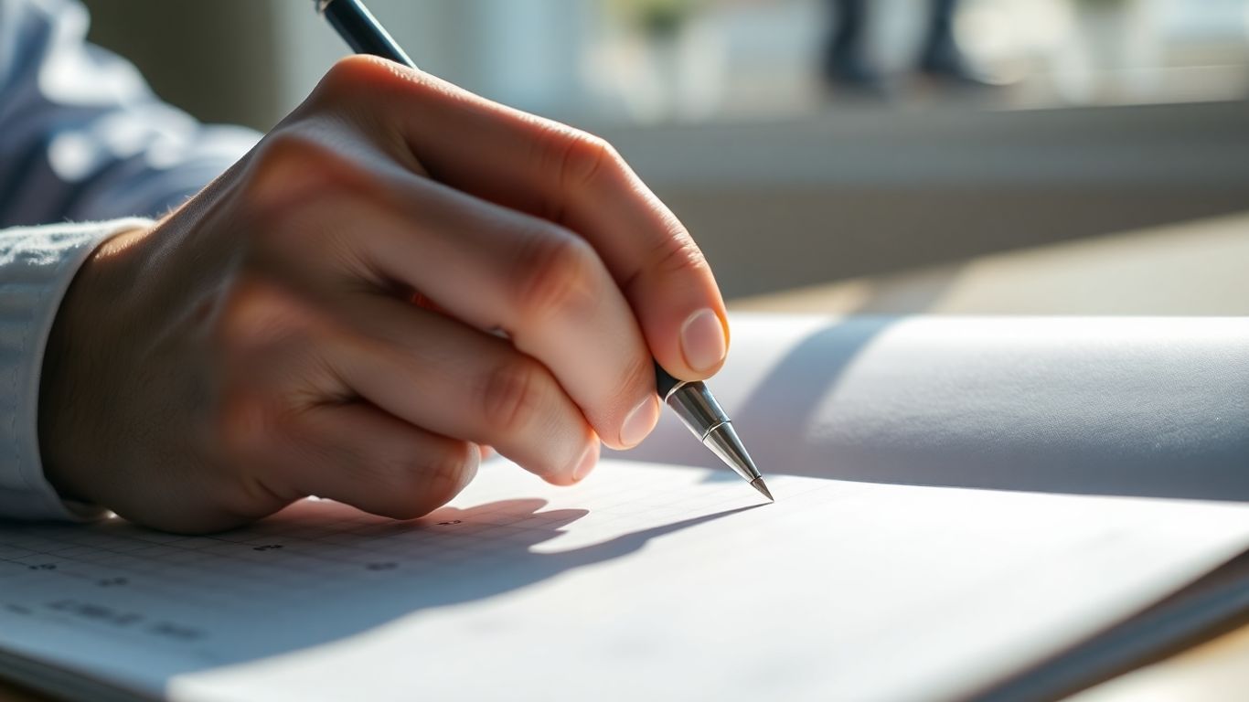 Hand with pen over financial ledger