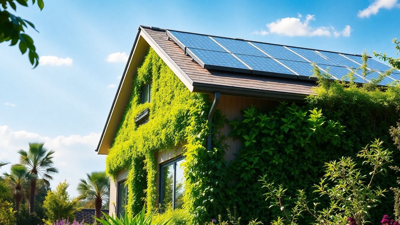 Casă modernă ecologică cu panouri solare și plante verzi.