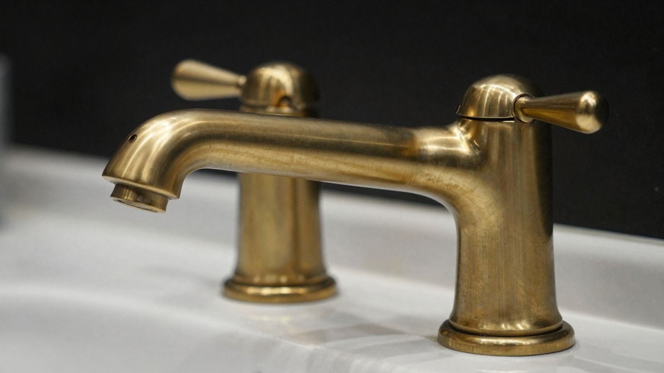 Elegant brass bathroom faucet with a warm, metallic finish.