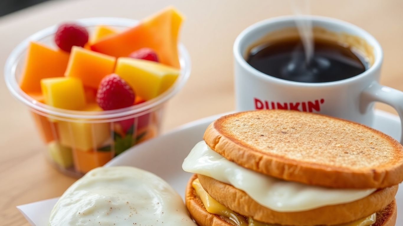 Healthy Dunkin' breakfast with fruit and egg sandwich.