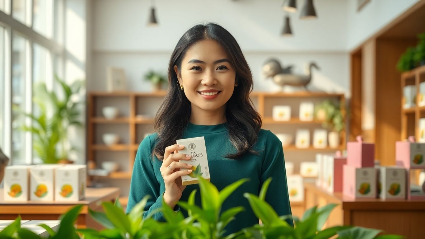 Founder with Tea Drops product in a tea shop.