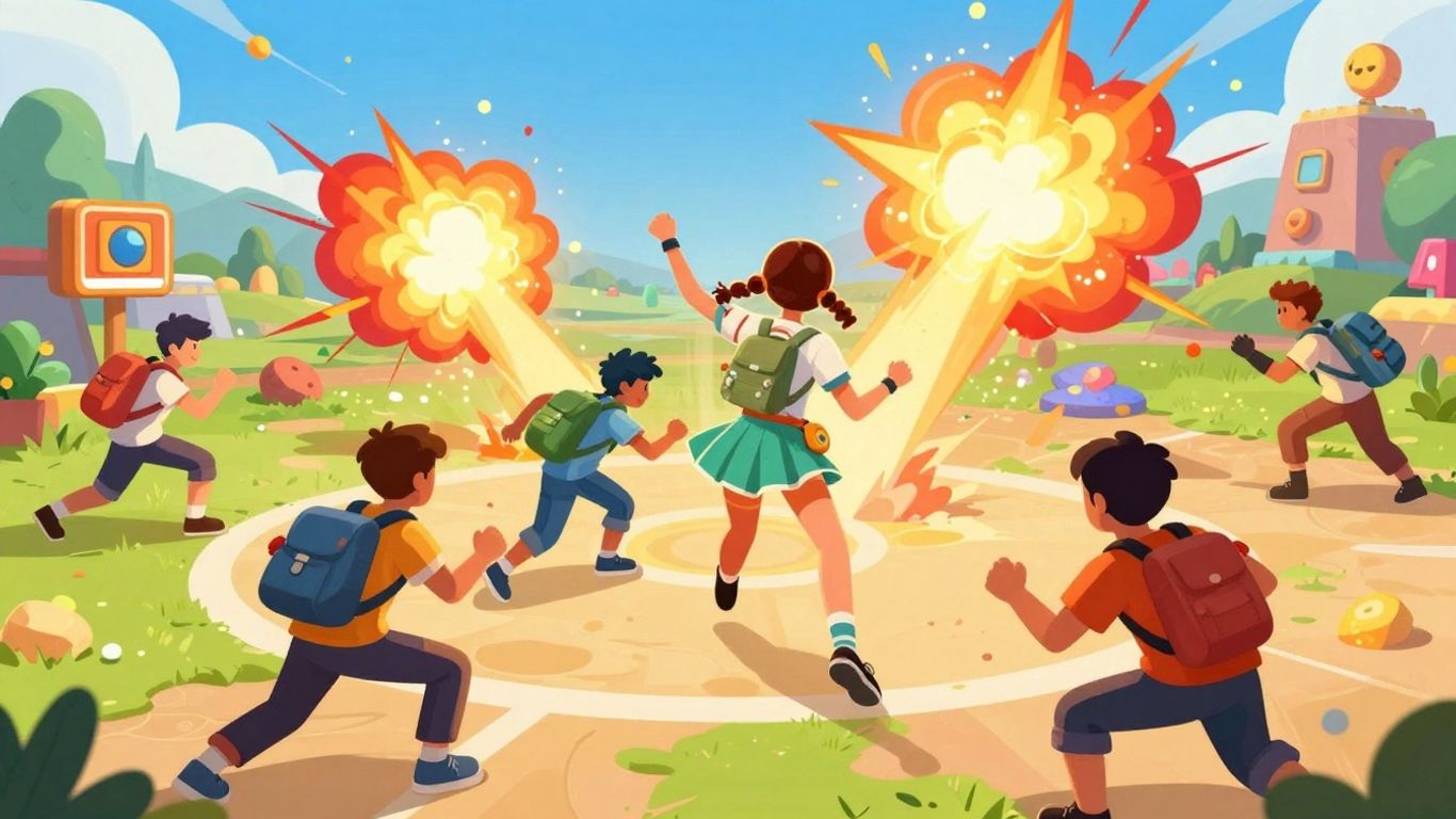 Action-packed online game characters in a vibrant, illustrative scene.