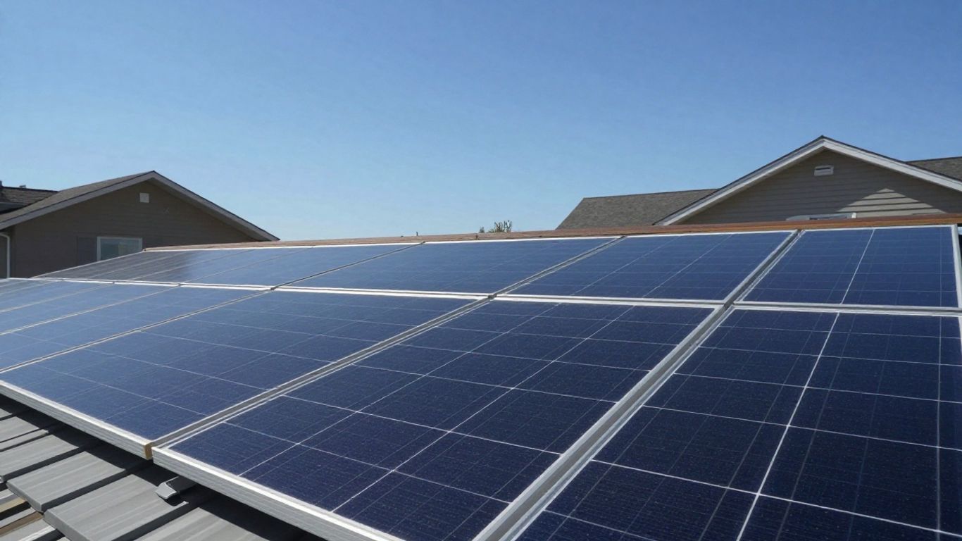 Panneaux solaires sur un toit sous un ciel bleu.
