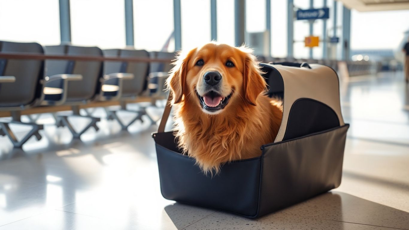 Golden retriever in pet carrier at airport gate
