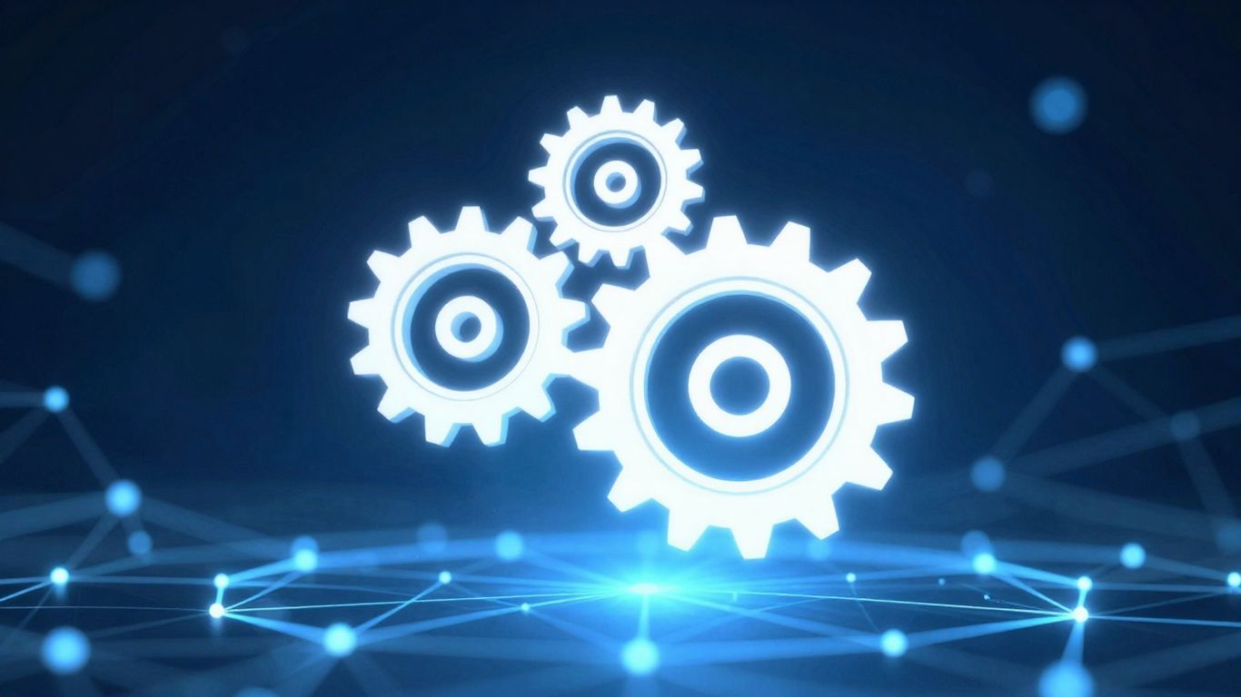 Interlocking gears above a glowing blockchain network.