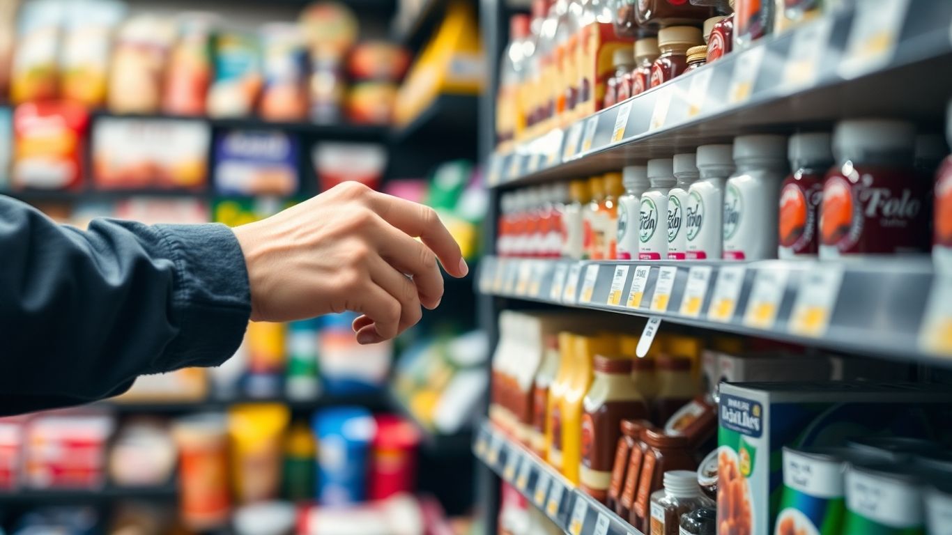 Hands choosing a product from a shelf.