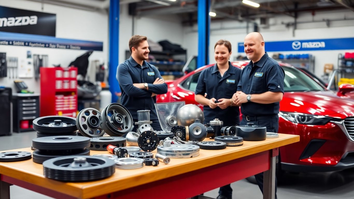 Mazda auto parts with helpful staff in workshop setting