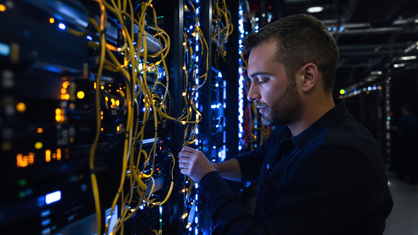 Network engineer working with server rack and cables.