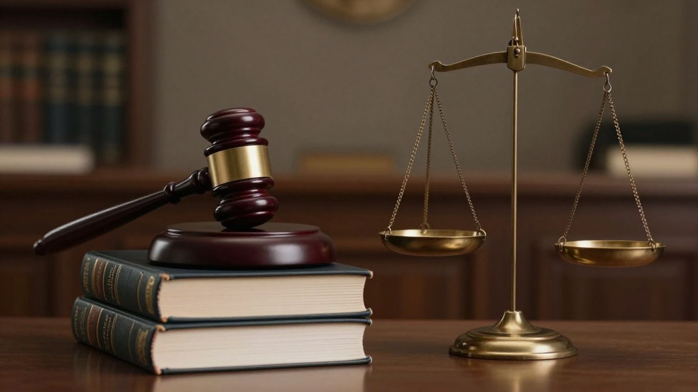 Gavel and balanced scale on legal books in courtroom.