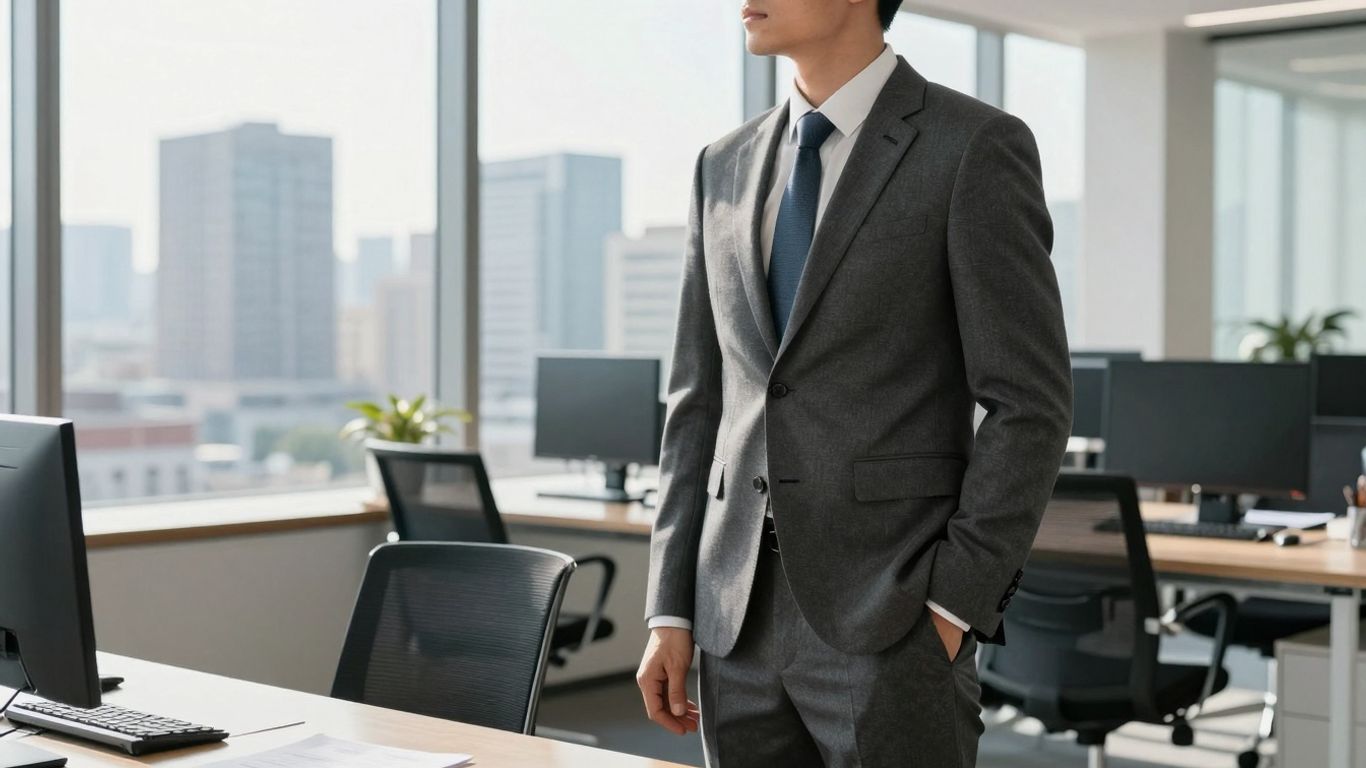Finance professional in an office overlooking Des Moines cityscape.