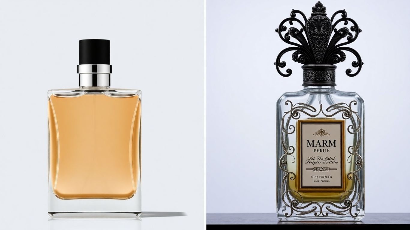 Designer versus niche perfume bottles side-by-side.