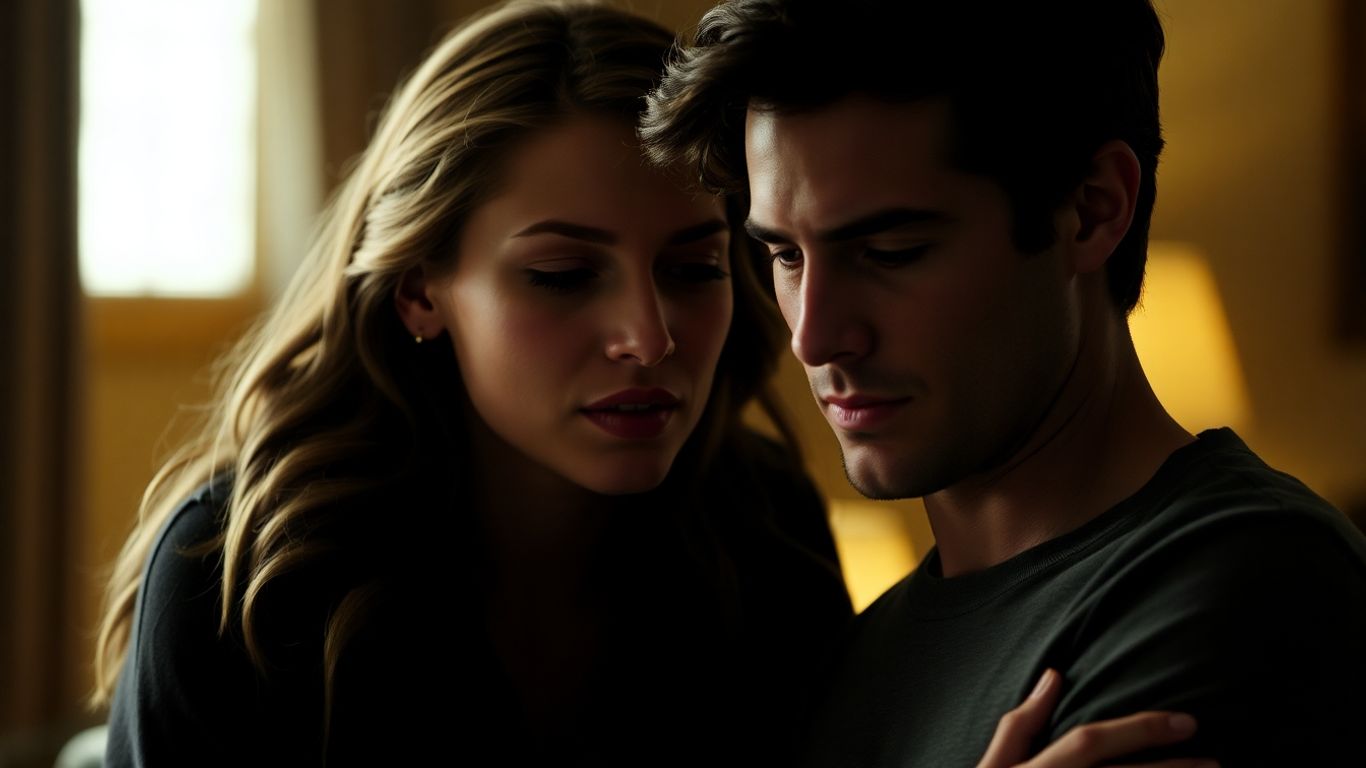 Casal abraçado em cena dramática do filme.