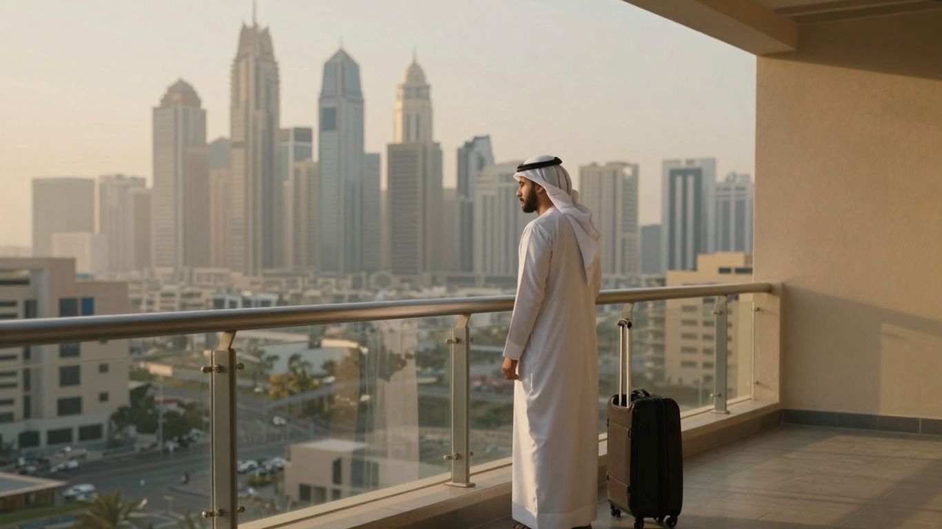 Expat looking at Dubai skyline, contemplating leaving.