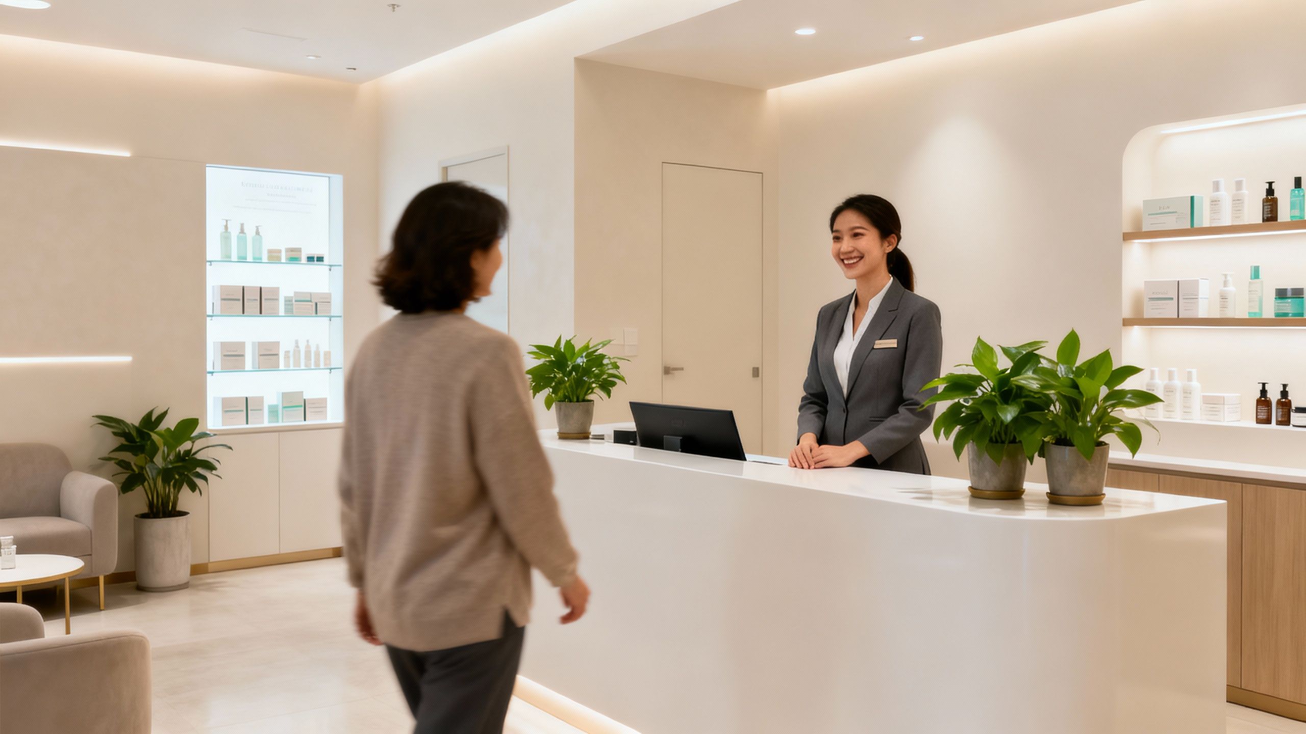 Human receptionist greeting patient in aesthetic clinic lobby