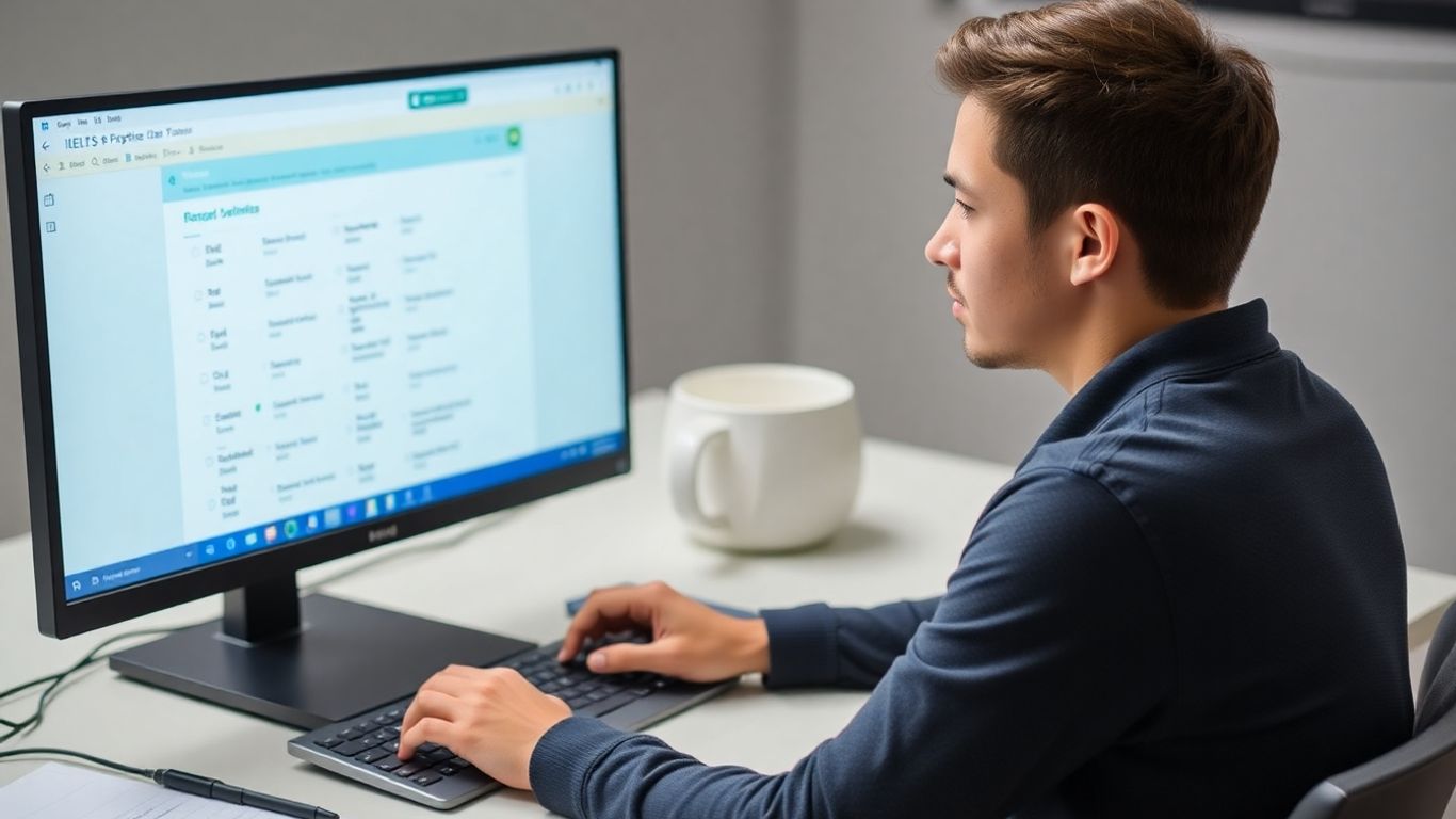 Student taking IELTS computer-based practice test on a laptop.