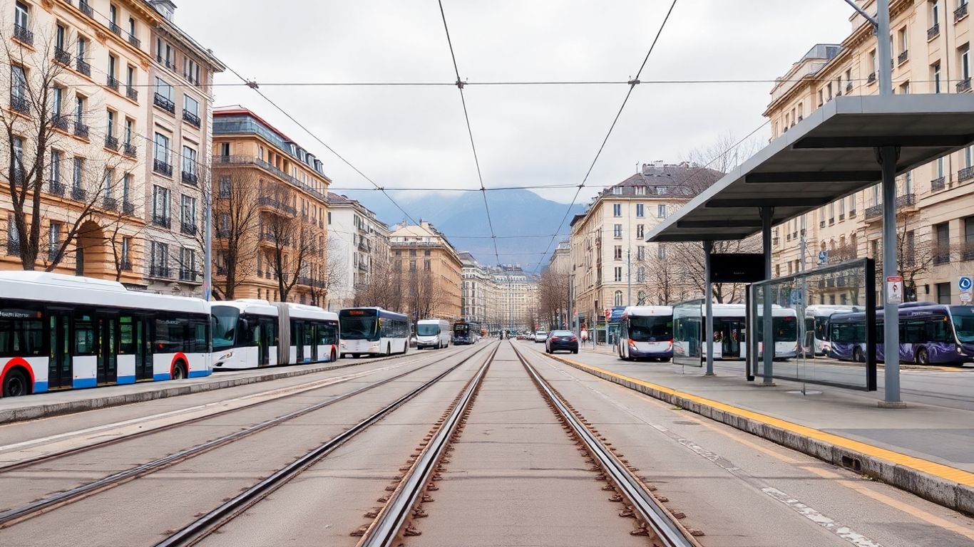 Tramways et bus à l'arrêt dans les rues de Grenoble.