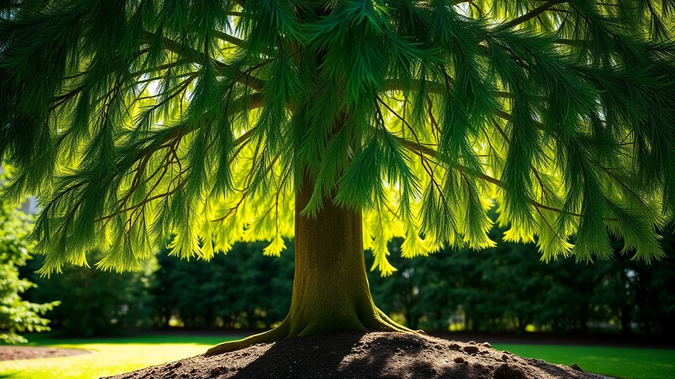Healthy cedar tree with green foliage in sunlight.