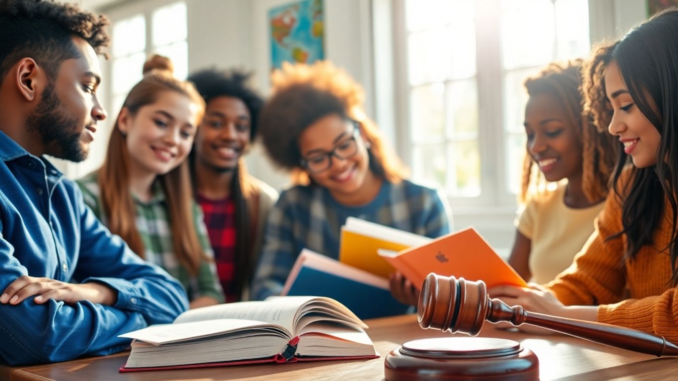 Tineri învățând despre drept într-un mediu luminos.