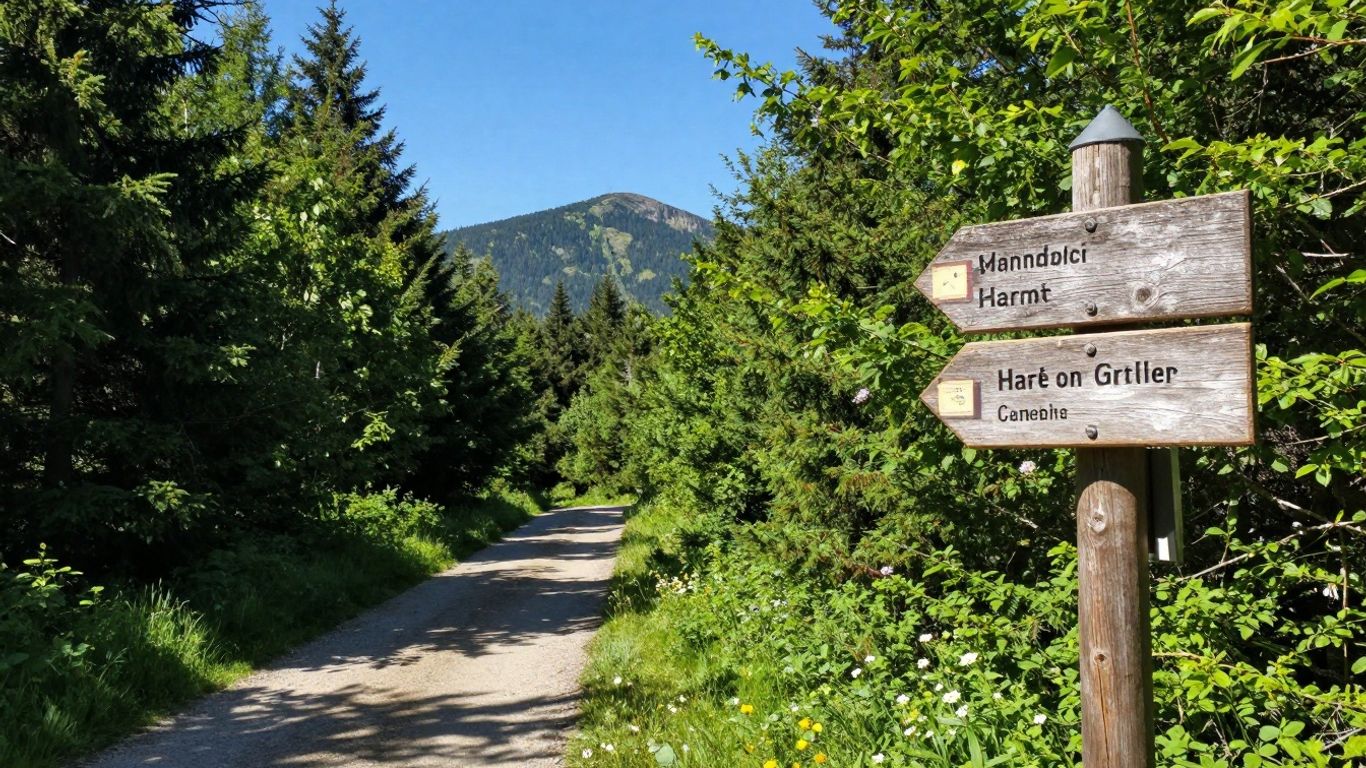 Wanderweg im Harz mit Schild und Bergen