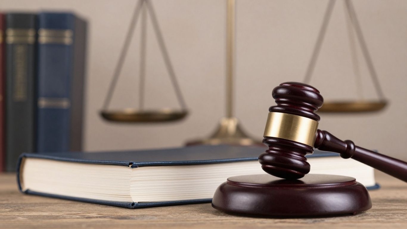 Gavel and scales of justice on legal books.