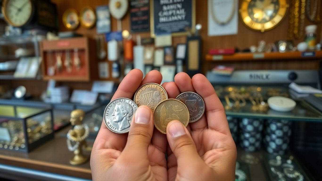 Hands holding rare coins in a pawn shop.