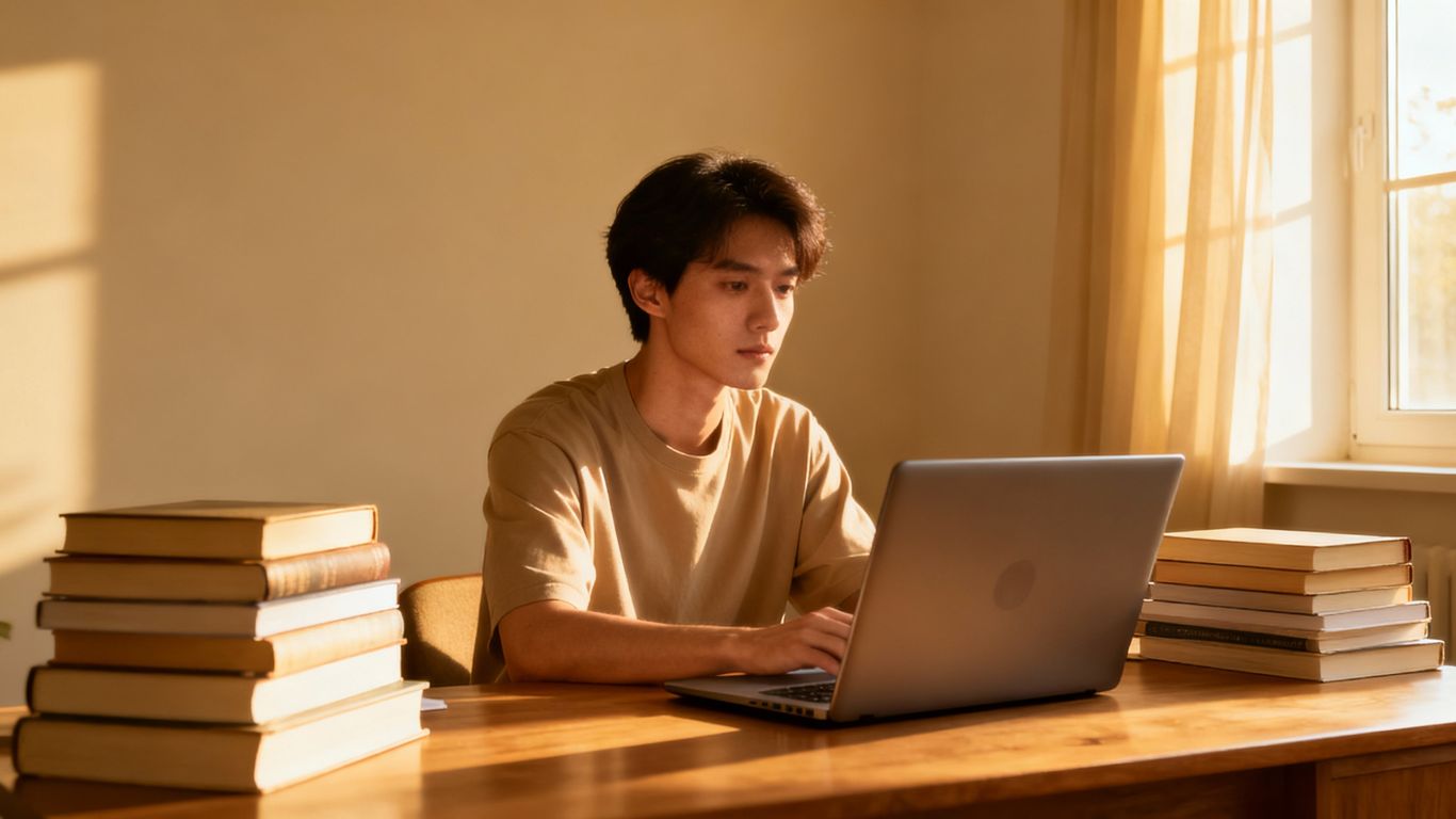 Organized study space with books and laptop.