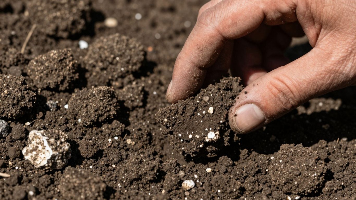 Mão segurando solo calcário com pedras brancas.