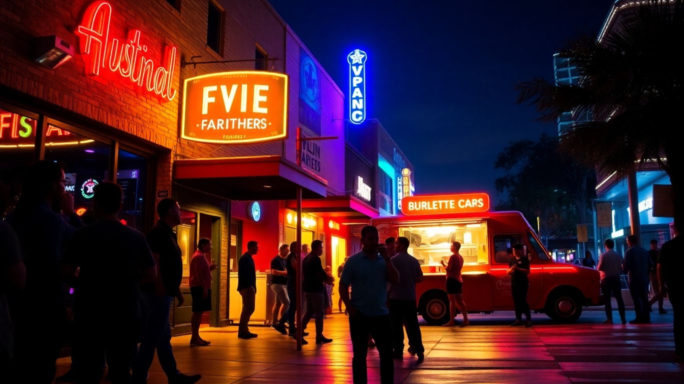 Austin nightlife with bars, food trucks, and people.
