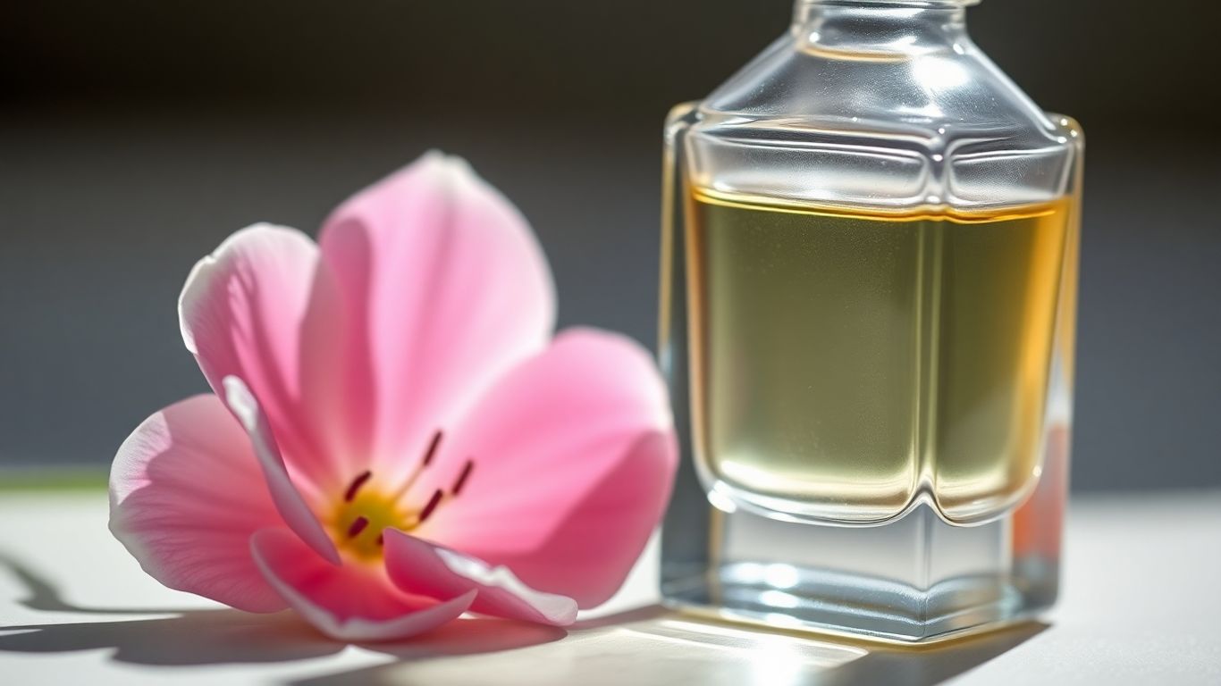 Perfume bottle with flower petal, natural light.