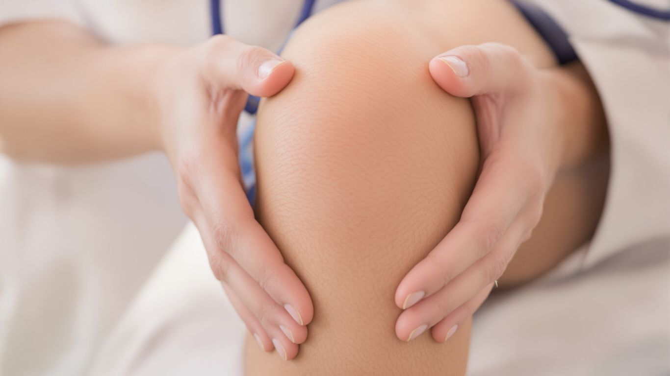Rodilla de paciente en manos de doctor
