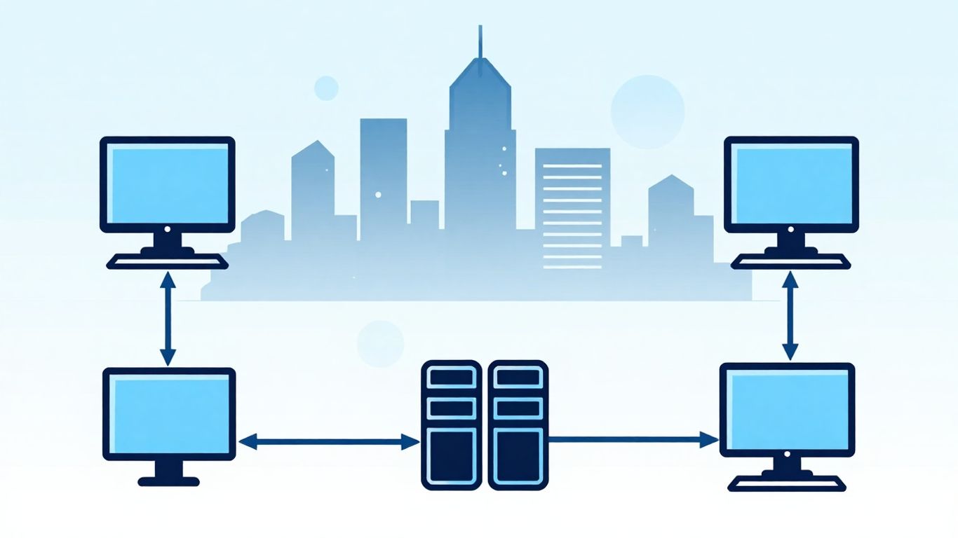 Melbourne cityscape with IT icons and network connections.