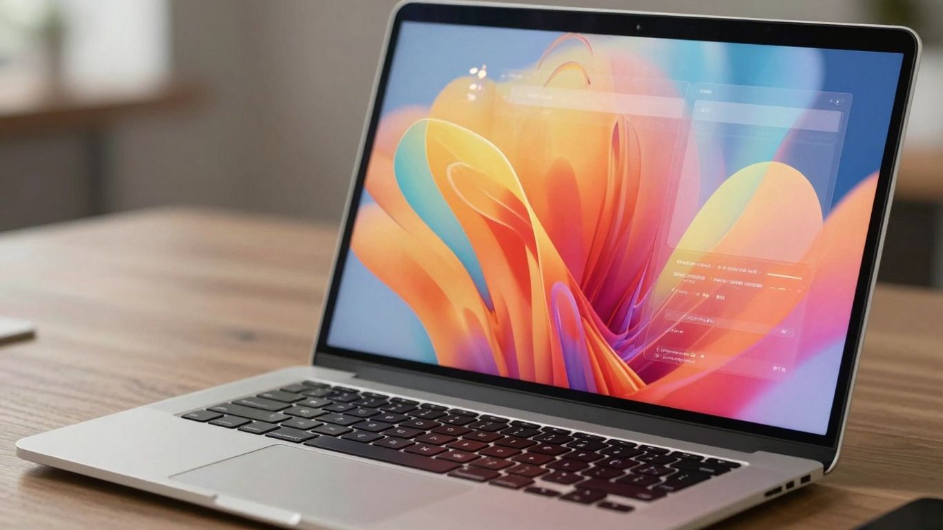 Laptop con interfaz digital brillante y colorida.