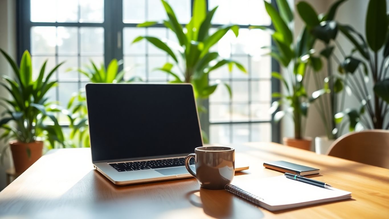 Photographic workspace with laptop, coffee, and green plants