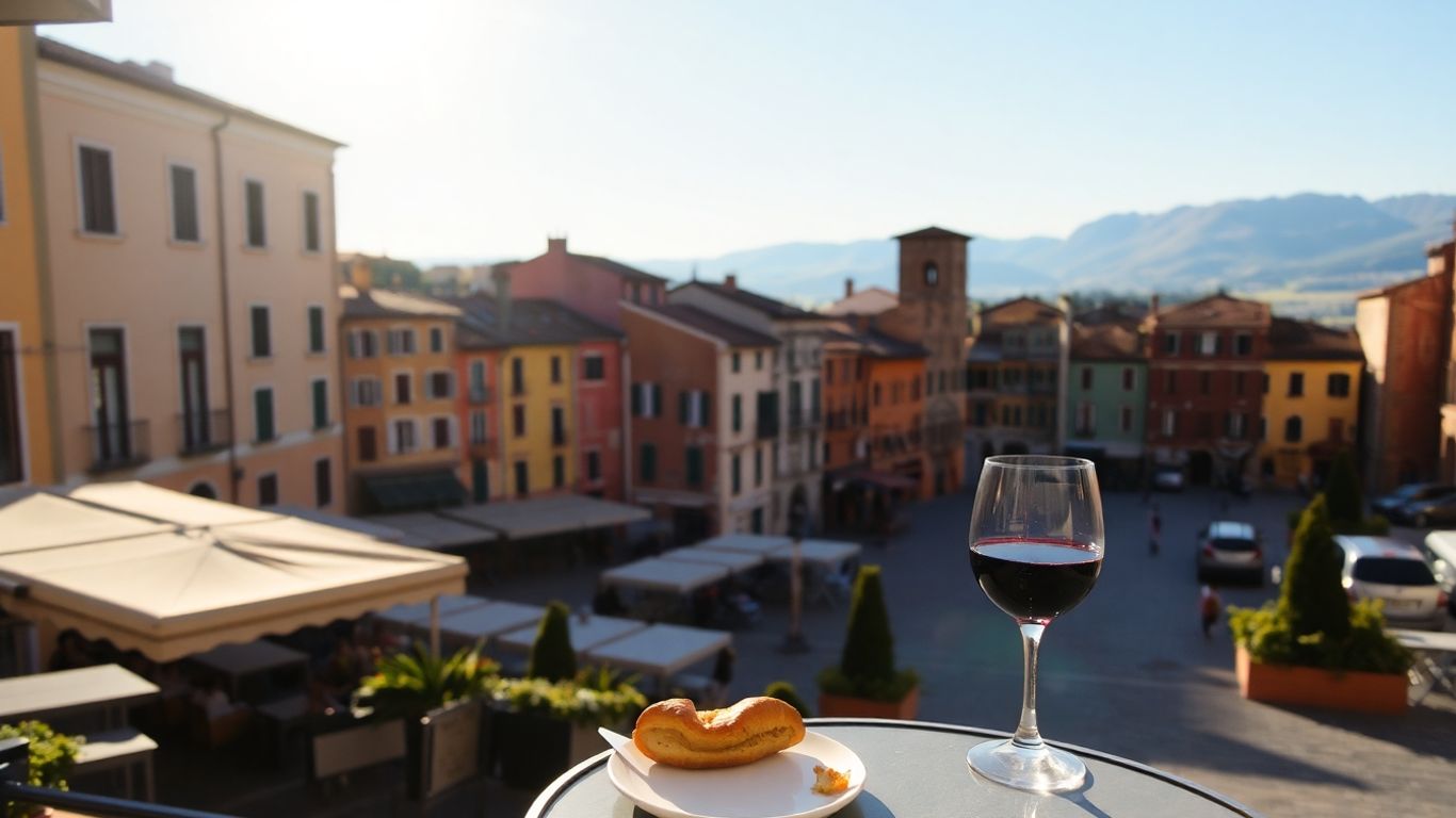 Cheap Italy holiday scene with piazza and cafe.