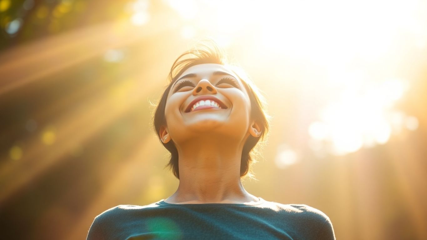 Person looking forward with confidence and a bright, uplifting background.