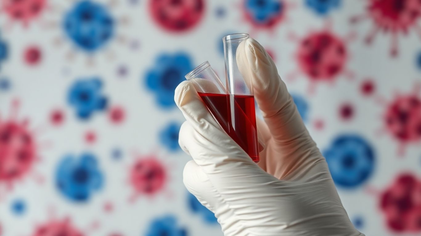 Gloved hand holds blood vial with cellular background